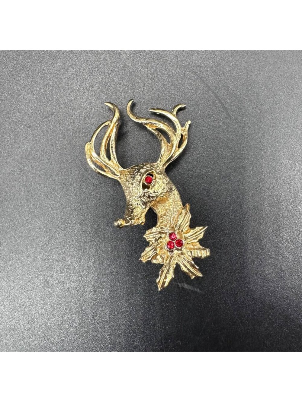 Vintage Christmas Brooch Pin Reindeer Gold Tone Metal Red Rhinestone Holiday